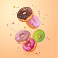 Falling donuts. 3d frosted flying donut, tasty doughnut in chocolate glaze berry icing, fly cake sweets ad creativity