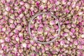 Falling dried rose. Dried rose buds tea. Rose tea, flowers, and dried petals. Dry pink rose buds Royalty Free Stock Photo