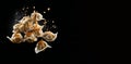 Falling Dumplings. isolated black background Banner. Created with generative AI