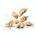 Falling Dumplings. isolated white background Banner. Created with generative AI