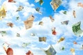 Falling Euro banknotes and sky on background. Money rain Royalty Free Stock Photo