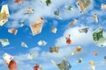 Falling Euro banknotes and sky on background. Money rain Royalty Free Stock Photo