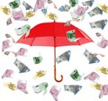 Falling Euro banknotes and red umbrella on background. Money rain