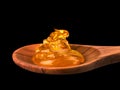 Falling and flowing honey on a wooden spoon isolated on black with clipping path Royalty Free Stock Photo