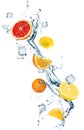 Falling fresh citrus fruits, crystal ice cubes and splashing water on background