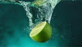 Falling of fresh lime into water against dark turquoise background Royalty Free Stock Photo