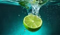 Falling of fresh lime into water against dark turquoise background Royalty Free Stock Photo