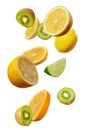 Falling fresh mixed citruses. Slices of the lemon, kiwi, and lime the air