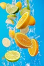 Falling fresh mixed fruits. Slices of the lemon, orange and lime with fresh water in the air Royalty Free Stock Photo