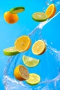 Falling fresh mixed fruits. Slices of the lemon, orange and lime with fresh water in the air Royalty Free Stock Photo