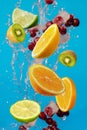 Slices of the lemon, orange, lime, kiwi and cherry with fresh water in the air Royalty Free Stock Photo