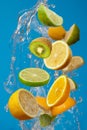 Falling fresh mixed fruits. Slices of the lemon, orange, lime and kiwi with fresh water in the air Royalty Free Stock Photo