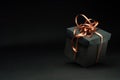 Falling gift boxes with orange ribbon with copy space. Xmas present,