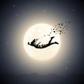 Falling girl outline in dream. Suicide, death and afterlife. Full moon