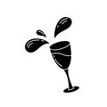 Falling glass with drink and flying splashes. Cutout flat image, silhouette vector clip art. Black illustration of wine, alcoholic