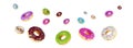 Falling glazed donuts with sprinkles, isolated on a white background. Banner design for a candy store. A set of different donuts Royalty Free Stock Photo