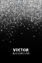 Falling glitter confetti. Vector silver dust, explosion on black background. Sparkling glitter border, festive frame. Royalty Free Stock Photo