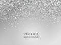 Falling glitter confetti. Vector silver dust, explosion on grey background. Sparkling glitter border, festive frame.