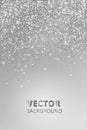 Falling glitter confetti. Vector silver dust, explosion on grey background. Sparkling glitter border, festive frame. Royalty Free Stock Photo