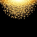 Falling glow gold particles on black background. Luxury design. Holiday, nightclub, party card.