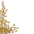 Falling gold coins background with empty space. Money flowing top down, big pile of cash, a lot of money, treasure