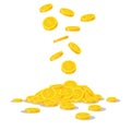 Falling gold coins isolated on white background. Cash money heap. Commercial banking, finance concept in flat style Royalty Free Stock Photo