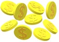 Falling gold coins with the money symbol on them white backdrop Royalty Free Stock Photo