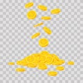 Falling gold coins on transparent background. Cash money heap. Commercial banking, finance concept in flat style