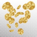 Falling Gold Coins Vector. Flying Realistic Golden Coins Explosion. Transparent Background. Casino Prize Money Fortune Royalty Free Stock Photo