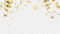 Falling gold confetti, serpentine ribbons isolated on transparent vector background. Glitter tinsel, shiny golden Royalty Free Stock Photo