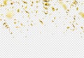 Falling gold confetti, serpentine ribbons isolated on transparent vector background. Glitter tinsel, shiny streamer Royalty Free Stock Photo