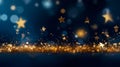 Falling gold stars, confetti on blue background. Festive backdrop. Glitter bokeh. Can be used for Holiday, any celebration Royalty Free Stock Photo