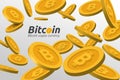Falling golden Bitcoin sign on white background. Blockchain tech