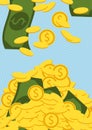 Falling golden coins and bills. Money vector illustration. Royalty Free Stock Photo