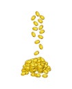 Falling golden coins. flying money into heap,pile. Cash fall down into a stack of gold. Vector illustration isolated on white Royalty Free Stock Photo