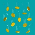 Falling golden coins. Shiny golden coins. Dollar gold cents on blue background. Money rain from sky. Finance, cash, treasure Royalty Free Stock Photo