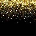 Falling golden particles on a black background. Scattered golden confetti. Rich luxury fashion backdrop. Bright shining