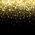 Falling golden particles on a black background. Scattered golden confetti. Rich luxury fashion backdrop. Bright shining