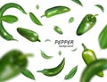 Falling green chili or chilli pepper isolated on white Realistic vector, 3d illustration Royalty Free Stock Photo