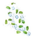 Falling green mint leaves, crystal ice cubes and splash of water on background Royalty Free Stock Photo