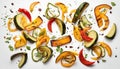 Falling grilled vegetable slices isolated on white background Royalty Free Stock Photo