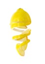 Falling inverted half lemon with lemon peel and rings