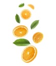 Falling juicy oranges with green leaves isolated on transparent background. Flying defocusing slices of oranges. Applicable for