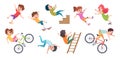 Falling kids. Dangerous situations with childrens outdoor running and falling exact vector concept templates