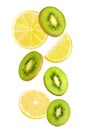 Falling kiwi and lemon fruits isolated on white background Royalty Free Stock Photo