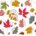 Falling leaves of different colors and shapes on white background seamless vector pattern.Modern drawing Royalty Free Stock Photo