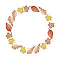 Falling leaves wreath on white background. Watercolour illustration with place for save date, text, photo. Fall, autumn