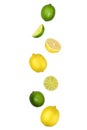 Falling lemons and limes isolated on white background with clipping path. Flying fruits Royalty Free Stock Photo