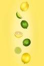 Falling lemons and limes isolated on yellow background with clipping path. Flying fruits