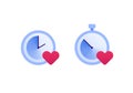 Falling in love, relationship and speed dating concept. Vector flat icon illustration set. Couple of clock sign with heart love